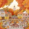 Illustration en couleur Le festival de l’automne : place de village avec kiosque et citrouilles sous un feuillage orangé, Loulou