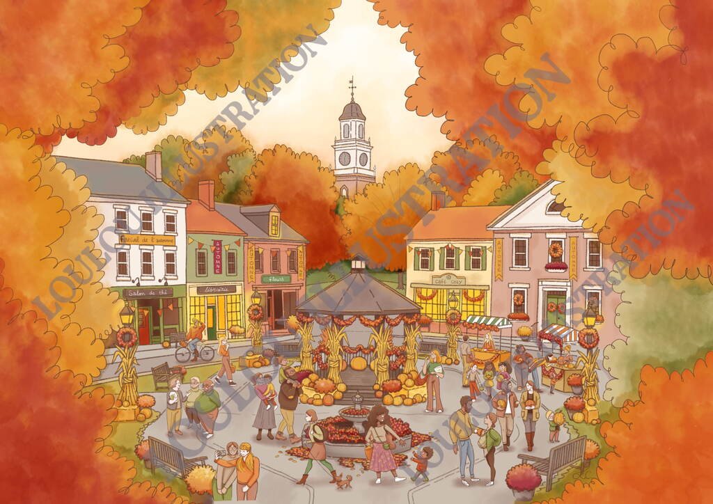 Illustration en couleur Le festival de l’automne : place de village avec kiosque et citrouilles sous un feuillage orangé, Loulou