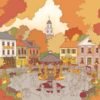 Aperçu de la place du village du coloriage Le festival de l’automne : feuillages et façades en couleur, passants en gris, Loulou