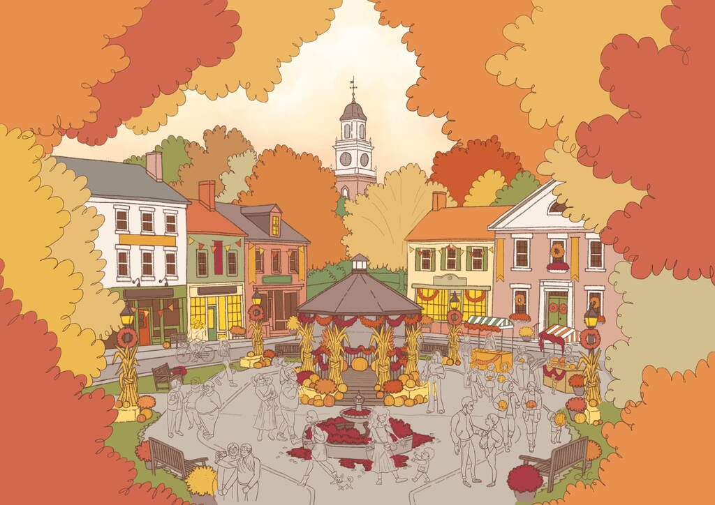 Aperçu de la place du village du coloriage Le festival de l’automne : feuillages et façades en couleur, passants en gris, Loulou