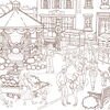 Coloriage détaillé à imprimer, le kiosque et la fontaine de la place du village en dessin au trait, Loulou