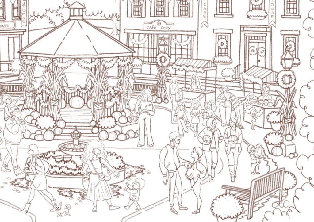 Coloriage détaillé à imprimer, le kiosque et la fontaine de la place du village en dessin au trait, Loulou