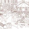 Coloriage détaillé à imprimer, détail des passants, du banc et de la fontaine en dessin au trait, Loulou