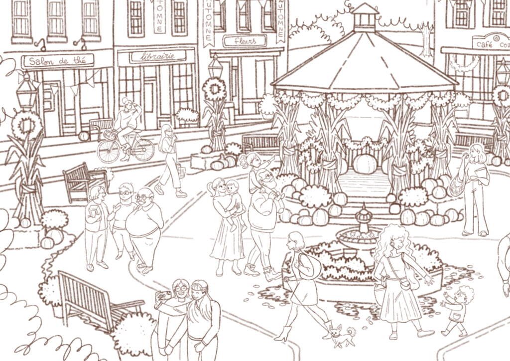 Coloriage détaillé à imprimer, détail des passants, du banc et de la fontaine en dessin au trait, Loulou